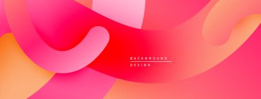 Soyut sıvı şekilleri, canlı pembeler, portakallar dinamik bir zemin oluşturur. Yumuşak eğimler hareketi, derinliği gösterir. Modern tasarım ögesi.