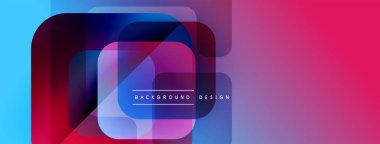 Soyut geometrik şekiller çakışıyor. Canlı maviler, morlar, pembeler modern tasarım yaratır. Metin arka plan tasarımı okur. Minimalist estetik.