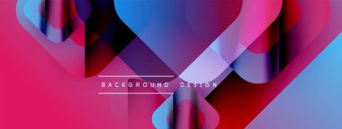 Soyut geometrik şekiller örtüşür, canlı pembeler, maviler, morlar yaratır. Modern tasarım gradyan, dinamik kompozisyon içerir.