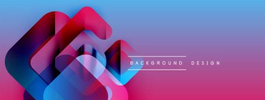 Soyut geometrik şekiller örtüşüyor, canlı renk eğimleri yaratıyor. Mavi, pembe, mor renkler tasarımda baskın. Modern estetik.