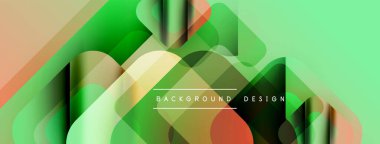 Soyut geometrik arkaplan. Üst üste binen katmanlar dinamik görsel efekt yaratır. Yeşil, turuncu renkler kompozisyona hakim. Modern tasarım ögesi.