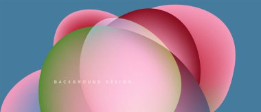 Soyut sıvı şekilleri örtüşür ve yumuşak renk değişimleri yaratır. Pembe, yeşil, mor renkler mavi arkaplanda harmanlanmış. Modern tasarım ögesi.