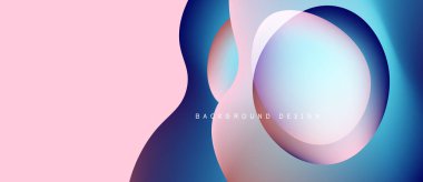 Soyut sıvı şekiller, pembe, mavi renkler. Üst üste binen daireler modern tasarım yaratır. Minimalist estetik, pürüzsüz gradyanlar mevcut.