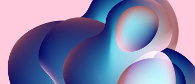 Soyut sıvı şekilleri örtüşür ve canlı renk değişimleri yaratır. Pembe arka plan mavi, turkuaz renkleri tamamlar. Yumuşak geçişler biçimleri tanımlar.