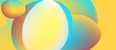 Soyut renkli şekiller örtüşüyor, canlı gradyanlar yaratıyor. Sarı arkaplan karşıtlık sağlar, modern tasarım ögesi.