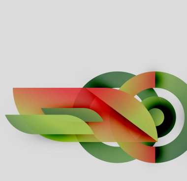 Soyut tasarım özellikleri üst üste binen renkli şekiller. Gradyanlar yeşil, turuncu, kırmızı renkleri harmanlarlar. Minimalist tarz, modern estetik.