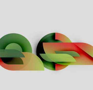 Soyut şekiller örtüşüyor, canlı gradyanlar yaratıyor. Yeşil, turuncu, sarı renkler tarafsız arkaplanda baskın. Modern tasarım elemanları.