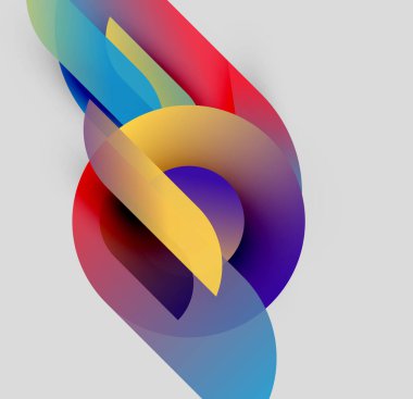 Soyut renkli şekiller örtüşür, dinamik görsel kompozisyon yaratır. Yumuşak eğimler hareketi, derinliği gösterir.