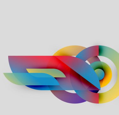 Soyut renkli şekiller örtüşür, dinamik görsel kompozisyon yaratır. Yumuşak eğimler hareketi, derinliği gösterir. Modern tasarım ögesi.