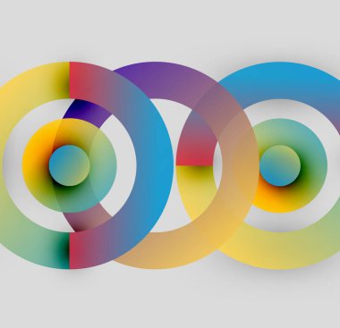 Soyut renkli çemberler çakışıyor, canlı gradyanlar yaratıyor. Modern tasarım, basit şekiller, görsel uyum..