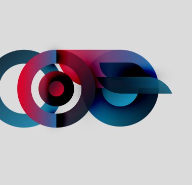 Soyut tasarım özellikleri üst üste binen daireler, gradyanlar. Mavi, kırmızı, siyah renkler dinamik görsel efekt yaratır. Minimalist kompozisyon.