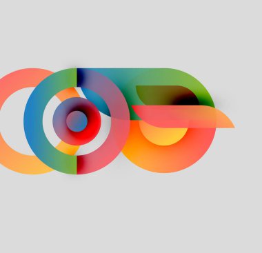 Soyut renkli çemberler sonsuzluk sembolü oluşturarak çakışıyor. Parlak renkler harmanlanır ve dinamik görsel kompozisyon oluşturur. Modern tasarım ögesi.