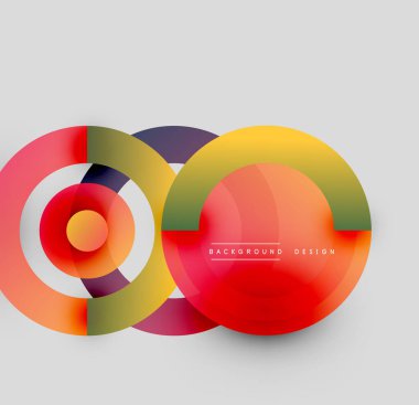 Soyut daireler örtüşüyor, canlı renk eğimleri yaratıyor. Arka planlar ve sunumlar için modern tasarım öğesi. Basit, temiz estetik..