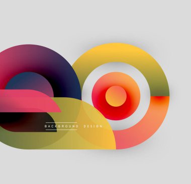 Soyut renkli çakışan daireler dinamik bir görsel oluşturur. Gradyan gölgeler harmanlanarak modern tasarım elementi oluşturur. Arkaplan açık gri.