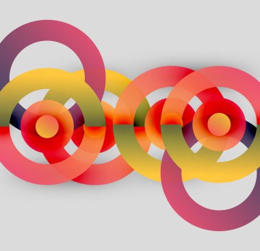 Üst üste binen renkli daireler içeren soyut bir kompozisyon. Kırmızı, sarı, pembe renkler tarafsız arkaplanda baskın. Modern tasarım elemanları.