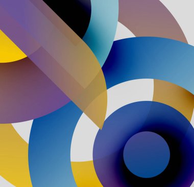 Soyut kompozisyon. Üst üste binen yarı saydam daireler canlı renk karışımları yaratır, dinamik görsel efektler. Modern tasarım.