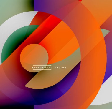 Soyut kompozisyon. Üst üste binen daireler, canlı renkler dinamik görsel efekt yaratır. Modern tasarım elemanları.