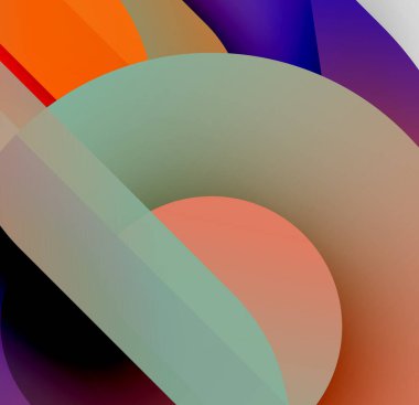 Soyut kompozisyon. Üst üste binen şekiller, sessiz turuncu, mor, deniz mavisi renkleri kullanarak derinlik yaratır. Yumuşak gradyanlar biçimleri tanımlar. Minimalist tasarım.