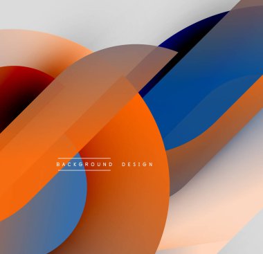 Soyut tasarım özellikleri üst üste binen renkli şekiller. Turuncu, mavi, kırmızı renkler dinamik kompozisyon oluşturur. Modern estetik, pürüzsüz eğimler sunar.