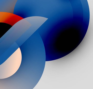 Üst üste binen daireler, gradyanlar içeren soyut kompozisyon. Maviler kırmızı, şeftali ve gri aksanlarıyla baskın gelir. Modern tasarım elemanları.