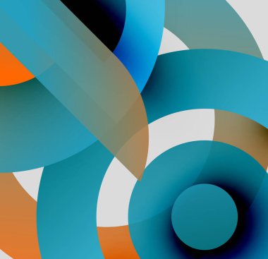 Üst üste binen daireler, eğriler ve eğriler içeren soyut bir kompozisyon. Teal, turuncu, kahverengi, beyaz renkler dinamik görsel efekt yaratır.