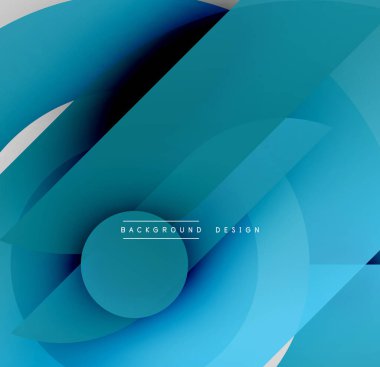 Soyut kompozisyon. Üst üste binen şekiller dinamik görsel efekt yaratır. Mavi renkler egemen, modern estetik sunuyor. Minimalist tasarım.