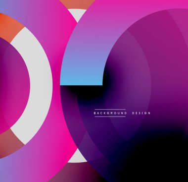 Soyut kompozisyon. Üst üste binen daireler, canlı gradyanlar, geometrik şekiller dinamik görsel efektler yaratır. Modern tasarım elemanları.