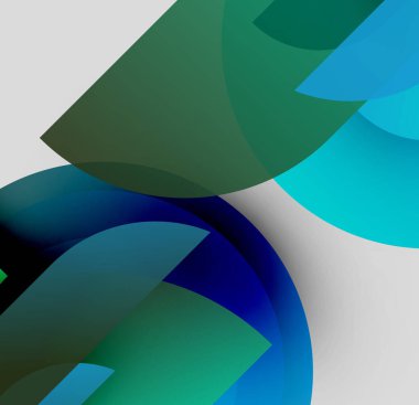 Üstüste binen şeffaf şekilleri içeren soyut bileşim. Yeşiller, maviler palete hakim, dinamik görsel efekt yaratıyor. Minimalist tasarım.