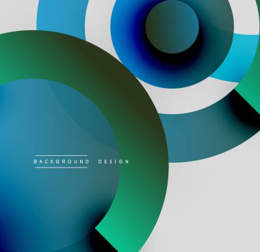 Soyut çemberler üst üste biniyor ve farklı renk karışımları yaratıyor. Beyaz, mavi, yeşil renkler kompozisyona hakim. Modern tasarım ögesi.