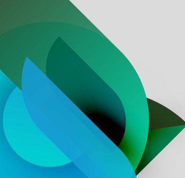 Soyut kompozisyon. Üst üste binen yeşil, mavi şekiller derinlik ve kontrastlık yaratır. Minimalist tasarım, modern estetik. Pürüzsüz gradyanlar görsel ahenk sunar.