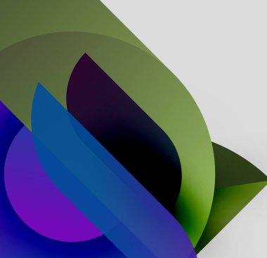 Soyut şekiller örtüşüyor, canlı renk değişimleri yaratıyor. Yeşil, mor, mavi renkler kompozisyona hakim. Minimalist tasarım.