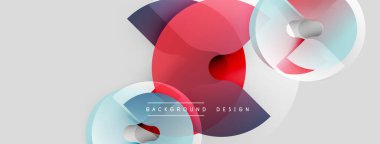 Soyut tasarım özellikleri üst üste binen daireler, gradyanlar. Kırmızı, mavi, turkuaz renkler modern estetik yaratıyor. Minimalist kompozisyon, temiz çizgiler.
