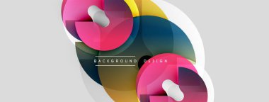 Soyut renkli şekiller örtüşür, dinamik bileşim yaratır. Beyaz arkaplan canlı renkleri, modern tasarım ögesini geliştirir.