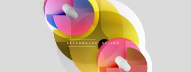 Soyut renkli şekiller örtüşür, dinamik bileşim yaratır. Yumuşak eğimler, beyaz alan, modern tasarım elementleri mevcut. Arkaplan metni arkaplan tasarımı okur.