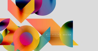 Soyut renkli şekiller örtüşür, dinamik görsel kompozisyon yaratır. Parlak gradyanlar, modern tasarım elementleri mevcut.