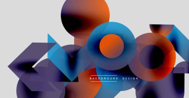 Soyut geometrik şekiller çakışıyor. Mavi, turuncu, mor renkler kompozisyona hakim. Modern tasarım elementleri dinamik görsel efekt yaratır.