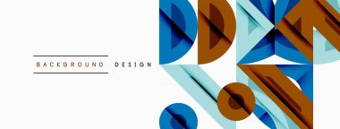 Soyut geometrik şekiller örtüşür, dinamik görsel doku oluşturur. Mavi, kahverengi, açık mavi renkler kompozisyona hakim. Minimalist tasarım.