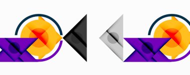 Soyut geometrik tasarım daireler, üçgenler, mor şekiller içerir. Turuncu, gri renkler kompozisyona hakim. Minimalist stil.