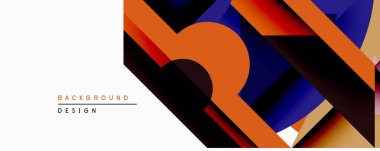 Soyut geometrik bileşim. Üst üste binen şekiller turuncu, mavi ve siyah renkler kullanarak dinamik görsel efektler yaratır. Modern tasarım arka planlar için uygun.