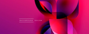 Soyut enerjik tasarım. Üst üste binen şekiller dinamik bileşim yaratır. Pembe, mor, kırmızı renkler görsel alana hakim. Modern estetik.