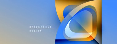Soyut tasarım katmanlı şekiller, gradyan renkler. Mavi, turuncu renkler kompozisyona hakim. Modern estetik, temiz çizgiler sunar.