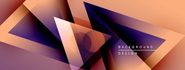Soyut geometrik şekiller çakışıyor, dinamik gradyanlar yaratıyor. Sıcak turuncu, serin mor renklere karışıyor. Modern tasarım ögesi.