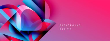 Soyut geometrik şekiller örtüşüyor, canlı pembe, mavi, kırmızı gradyanlar yaratıyor. Arkaplan, pankart ve sunumlar için modern tasarım ögesi.