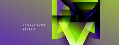 Soyut geometrik tasarım. Mor, yeşil renkler harmanlanmış. Modern tarz, katmanlı şekiller dinamik görsel etki yaratır. Arkaplan ögesi.