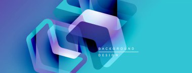 Soyut geometrik şekiller örtüşür, parlak mavi ve mor renkler yaratır. Modern tasarım elementleri teknoloji ve yenilik öneriyor. Mevcut en küçük metin.