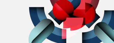 Soyut geometrik şekiller örtüşür, dinamik bileşim yaratır. Kırmızı, mavi, gri tonlar beyaz arkaplana hükmediyor. Modern tasarım elemanları.