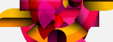 Soyut geometrik bileşim. Canlı renkler kesişiyor, dinamik şekiller yaratıyor. Cesur kırmızılar, pembeler, sarılar dizaynın hakimi. Modern estetik.