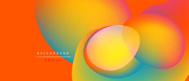 Canlı, soyut bir arkaplan. Üst üste binen renkli çemberler dinamik görsel efekt yaratır. Turuncu, sarı, mavi renkler kusursuz bir şekilde harmanlanır. Modern tasarım ögesi.
