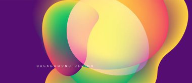 Soyut renkli şekiller örtüşüyor, canlı gradyanlar yaratıyor. Mor arkaplan, akıcı tasarım elementlerini tamamlar. Modern estetik.