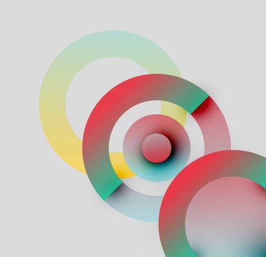 Soyut renkli daireler çakışıyor, dinamik görsel kompozisyon oluşturuyor. Yumuşak eğimler derinlik önerir, modern tasarım ögesi oluşturur.